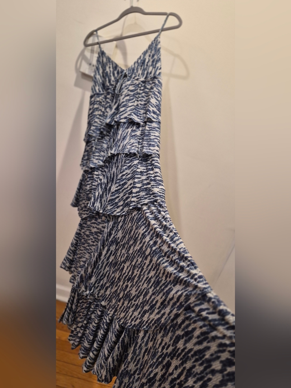 Tiered Blue and White Maxi Dress with V-Neck